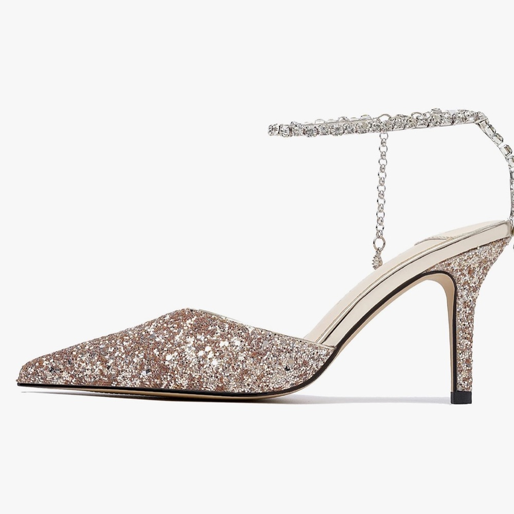 Silver Glitter Heels with Ankle Strap
